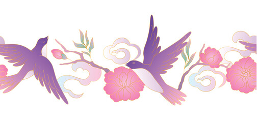 Oriental birds and flowers pattern. Chinese and japanese traditional background.