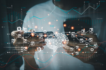 Obraz premium Control spending with artificial intelligence concept. Using AI for investment. Financial structure, allocation and management. Optimization management, investment. Spending and cost reduction.