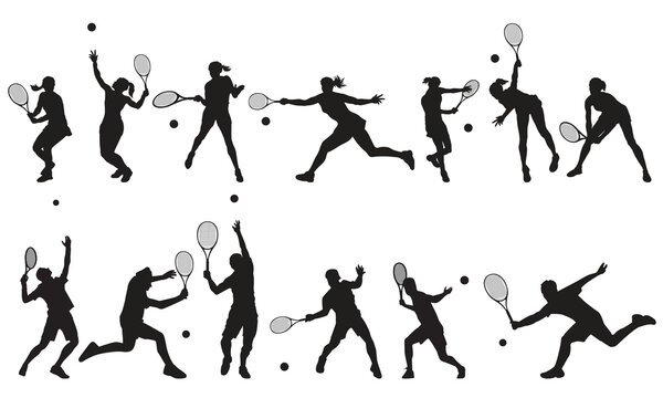 A set of  men and women tennis players silhouette on white background. Vector illustration