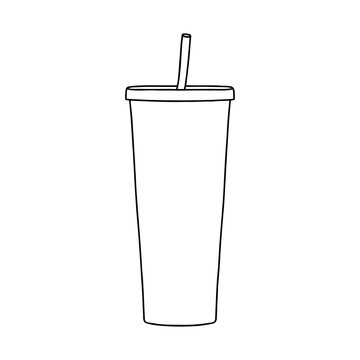 Take away cup with straw mockup. Linear, vector realistic. Outline stock illustration.