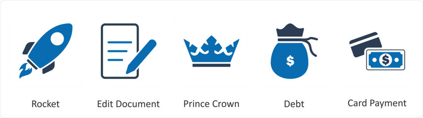 A set of 5 Mix icons as rocket, edit document, prince crown