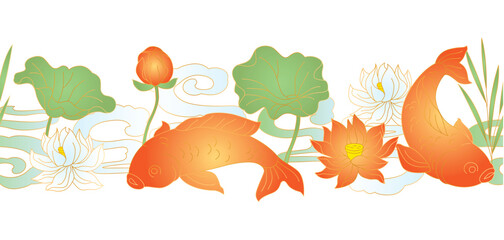 Oriental fish and lotus pattern. Chinese and japanese traditional background.