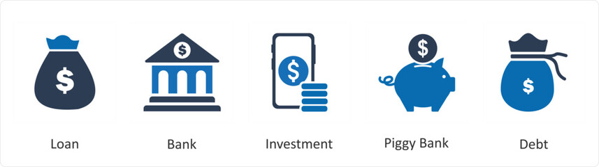 A set of 5 Mix icons as loan, bank, investment