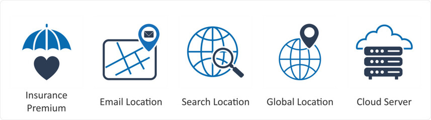 A set of 5 Mix icons as insurance premium, email location, search location
