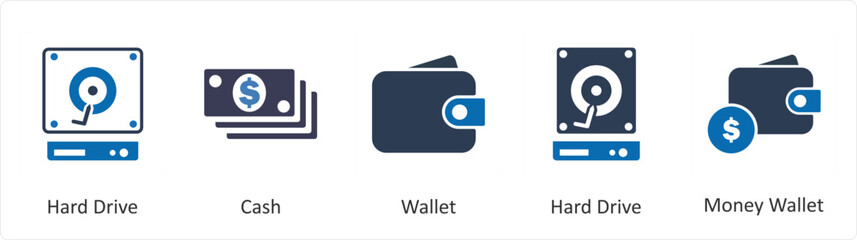 A set of 5 Mix icons as hard drive, cash, wallet