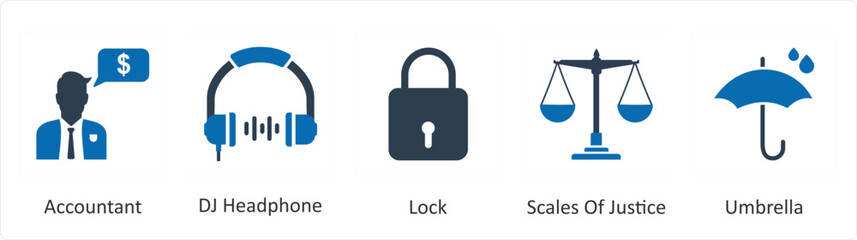 A set of 5 Mix icons as accountant, dj headphone, lock