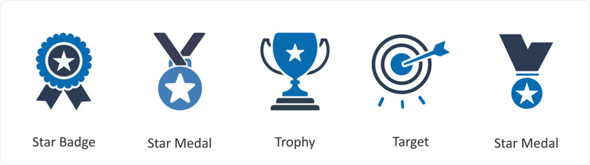 A set of 5 Mix icons as star badge, star medal, trophy