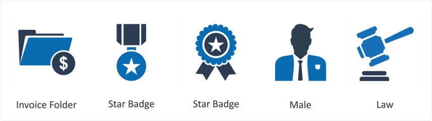 A set of 5 Mix icons as invoice folder, star badge, male