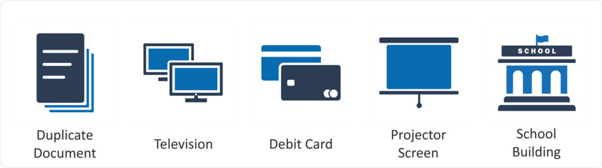 A set of 5 Mix icons as duplicate document, television, debit card