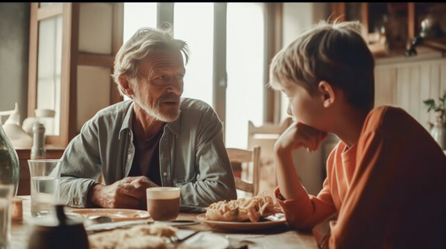 Father and son boy are talking at dinner table. Generative AI. High quality illustration