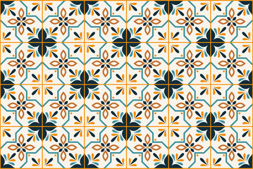 Seamless patchwork tile with Islam, Arabic, Indian, ottoman motifs. Majolica pottery tile. Ceramic tile in talavera style. Vector illustration.