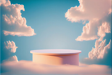 Surreal podium outdoor on blue sky pink gold pastel soft clouds with space. AI Generated