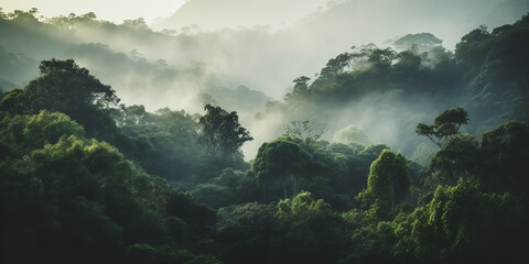 Rainforest landscape with trees and fog - theme conservation, climate change and renewable energy - Generative AI - obrazy, fototapety, plakaty