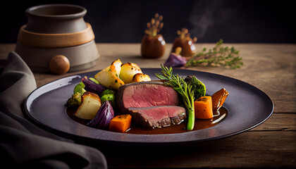 Rare roast beef meal with organic root vegetables and traditional roast potatoes. Shot against a dark rustic background AI Generated