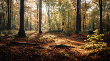 Fototapeta premium Autumn forest in a foggy day. Panoramic image