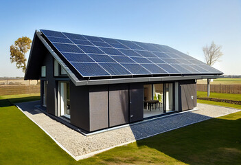 Solar panels on a gable roof. Beautiful, large modern house and solar energy. AI Generated