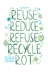 reduce reuse refuse recycle rot lettering. Vector illustration Hand-drawn eco-friendly quote, save the world slogan. Environmental ecological recycling symbol. Vector illustration