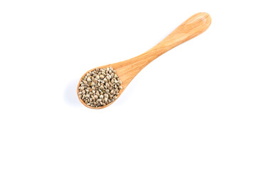 Cannabis Hemp seeds in spoon on white
