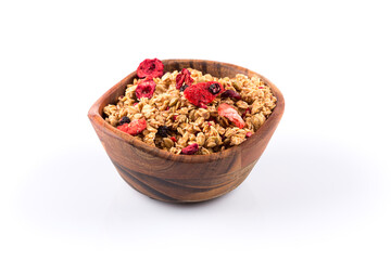 Muesli oat cereals close up background with dry fruits