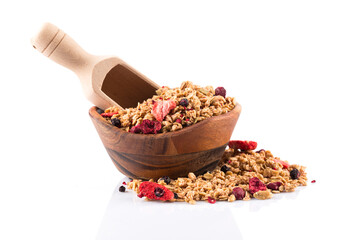 Muesli oat cereals close up background with dry fruits