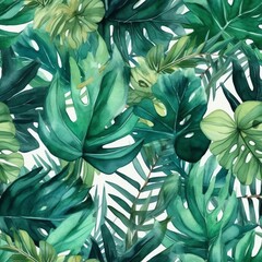 Fototapeta na wymiar Aroid Eden: A Captivating Watercolor Display of Tropical Green Leaves and Serene Beauty