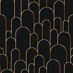 Boho arch seamless pattern. Geometric art deco simple background. Golden circular arc in linear style. Seamless abstract modern geometric pattern. Vector illustration on black background. - obrazy, fototapety, plakaty