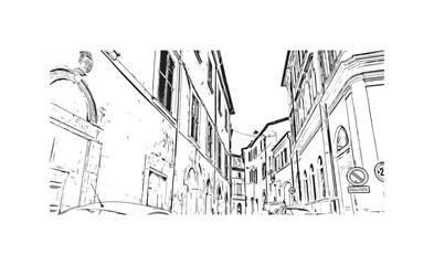 Building view with landmark of  Rieti is the town in Italy. Hand drawn sketch illustration in vector.