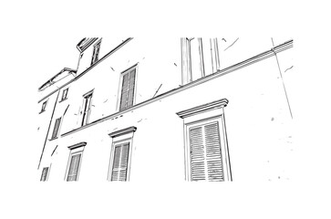 Building view with landmark of  Rieti is the town in Italy. Hand drawn sketch illustration in vector.