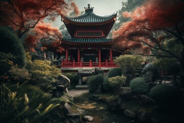 Gorgeous oriental temple in dreamy Valentine's garden, exuding mystery and tranquility. Generative AI