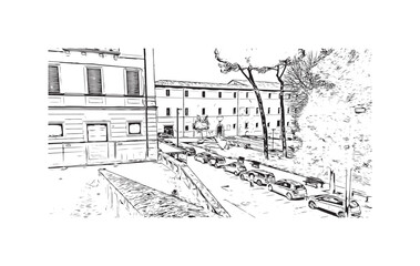 Building view with landmark of  Rieti is the town in Italy. Hand drawn sketch illustration in vector.
