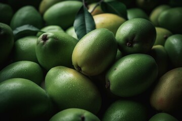 Fresh green mangoes up close. Generative AI
