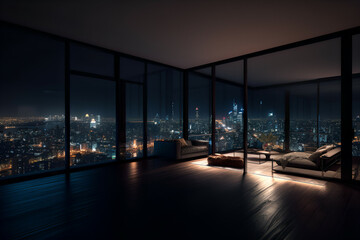 Luxury Modern Penthouse with Panoramic City Skyline View at Night, Generative AI