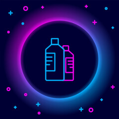 Glowing neon line Plastic bottles for laundry detergent, bleach, dishwashing liquid or another cleaning agent icon isolated on black background. Colorful outline concept. Vector