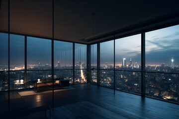 Luxury Modern Penthouse with Panoramic City Skyline View at Night, Generative AI