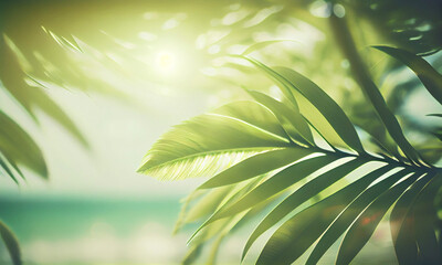 Obraz na płótnie Canvas 砂浜、青空、ヤシの木、海を描いた美しい夏の楽園背景Generative AI