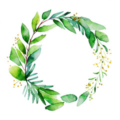 Naklejka premium 水彩で描かれた緑の葉のフレーム（Generative AI）