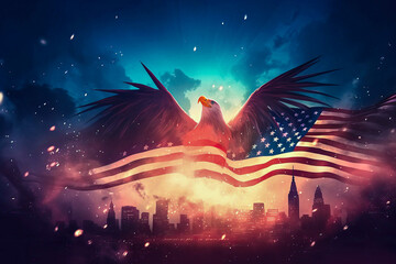 Obraz na płótnie Canvas Eagle and flag united state of America on sky background. Independence day. Generative AI