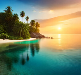 Fototapeta na wymiar tropical island with many palmtrees, no sunrise or sunset, realistic