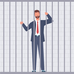 Businessman in cell in prison, man behind bars or in jail. Standing inside cage. Corrupt politician or entrepreneur who has not paid taxes. Cartoon flat style isolated vector concept