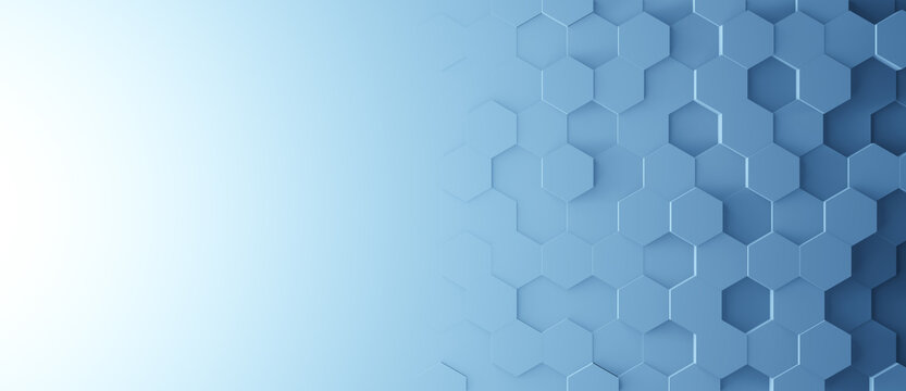 Hexagonal background with gradient white and blue hexagons, abstract futuristic geometric backdrop or wallpaper with copy space for text