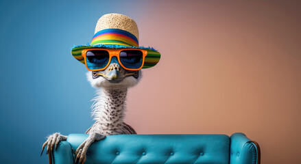 Funny ostrich wearing sunglasses and hat sitting on a chair, generative ai illustration with copy space on colorful background with copy space - obrazy, fototapety, plakaty