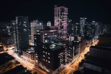 Nighttime view of commercial structures in 3D rendering. Generative AI