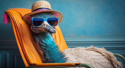 Funny ostrich wearing sunglasses and hat sitting on a chair, generative ai illustration with copy space on blue background - obrazy, fototapety, plakaty
