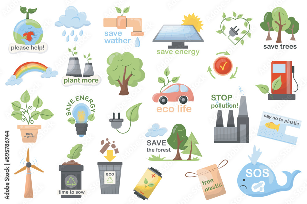 Aufkleber ecology mega set elements in flat design. bundle of protect environment, eco life, save nature and p