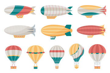 Fototapeta na wymiar Cartoon airship mega set elements in flat design. Bundle of different types and colors hot air balloons and dirigibles. Vintage aerial transportation. Vector illustration isolated graphic objects
