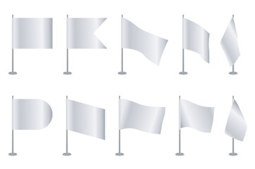 Realistic table flags mega set elements in flat design. Bundle of white flags with different shapes of edges. Empty flagpoles for branding presentation. Vector illustration isolated graphic objects