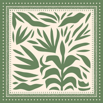Silk scarf design with tropical leaves. Abstract ethnic style.