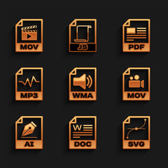 Set WMA file document, DOC, SVG, MOV, AI and MP3 icon. Vector