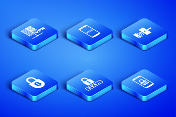Set Mobile and password, Server VPN, Password protection, Money lock, and Digital door with wireless icon. Vector