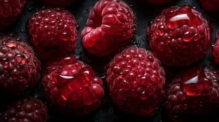 Raspberry background in realistic style on black background. Summer season background. Photorealistic design. Abstract colorful.